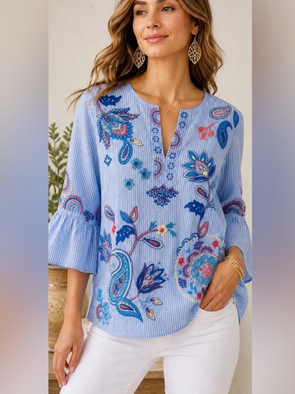 Johnny Was Light Blue Paisley & Floral Embroidered Ruffle Sleeve Nelly🩵💙